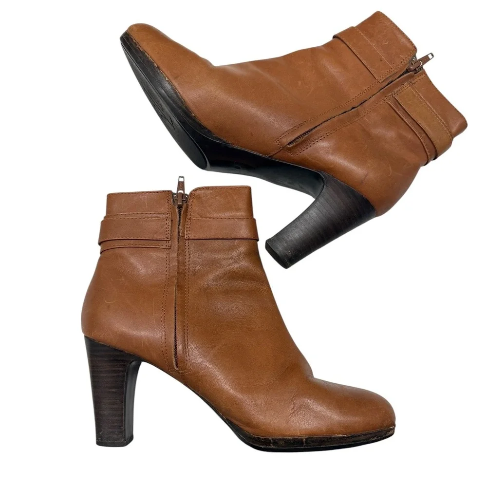 Lauren Ralph Lauren Tan Leather Ankle Boots Womens Size 9 Stirrup Buckle Heel - Picture 6 of 15